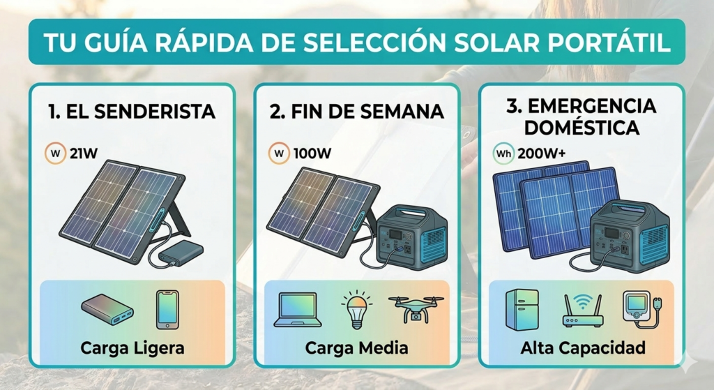 visualmente qué equipo necesitan (panel ligero vs. estación grande) y qué dispositivos pueden alimentar.