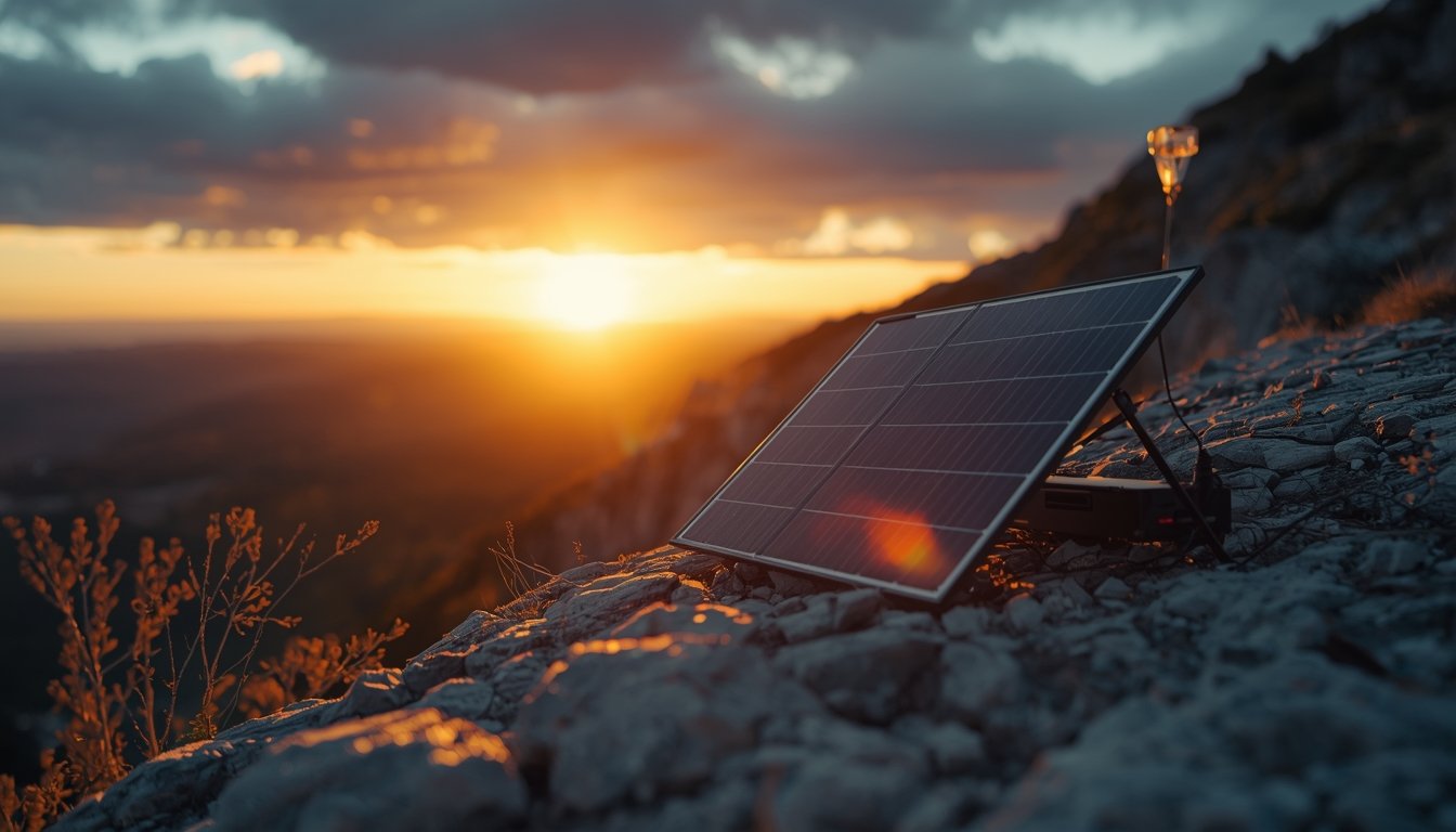 Paneles Solares Plegables: Análisis de los Modelos Más Eficientes del Mercado lucid origin a dramatic outdoor scene showing a foldable solar panel deployed on a rocky moun 0