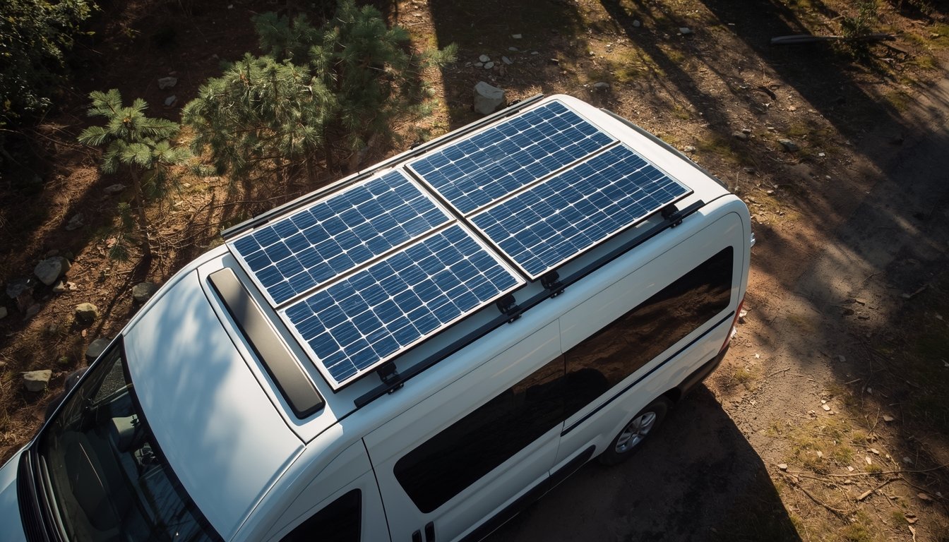 Conceptual illustration of a white camper van with two solar panels on its roof