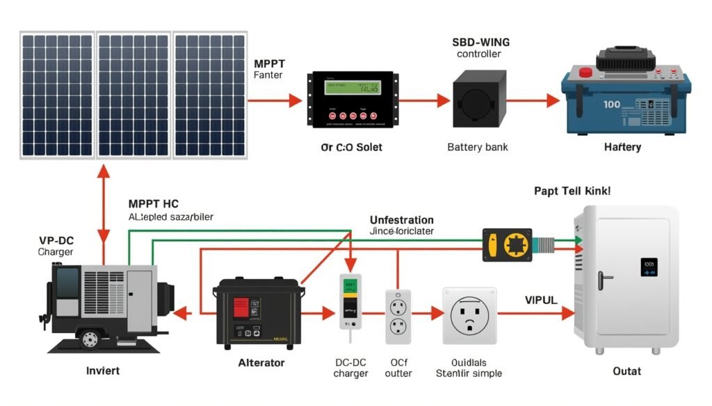 Cómo Elegir el Panel Solar Perfecto para tu Furgoneta Camper Esquema básico de instalación