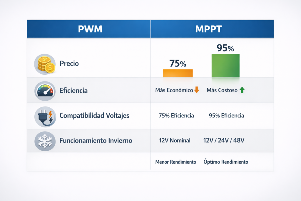 TABLA COMPARATIVA PWM vs MPPT (Características)