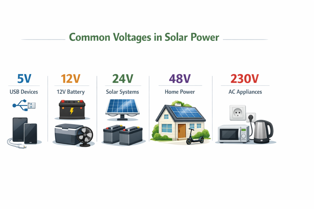 Mostrar los diferentes voltajes que se encuentran en energía solar.