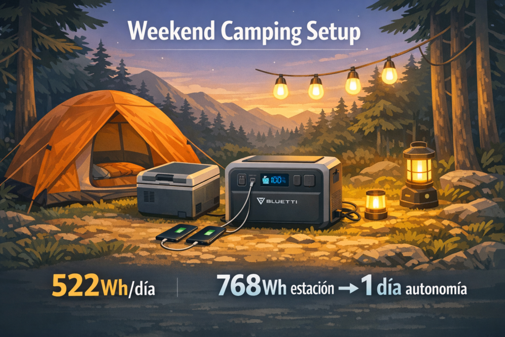Calculadora de Autonomía: ¿Cuánto Durará tu Estación de Energía? Ejemplo 1: Fin de Semana de Acampada