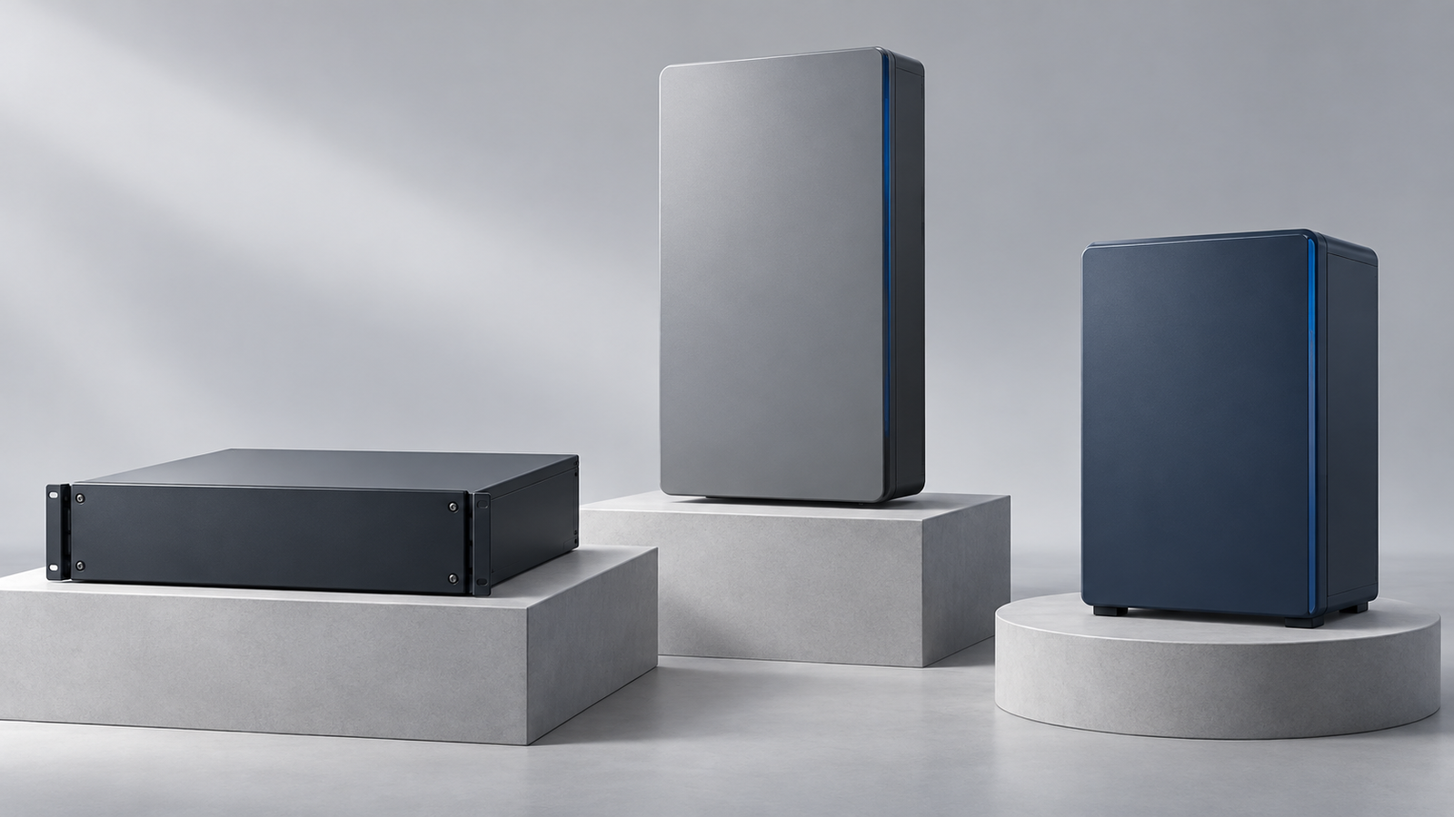 Conceptual illustration of rack-format, wall-mount-style and standalone battery enclosures on separate display pedestals.