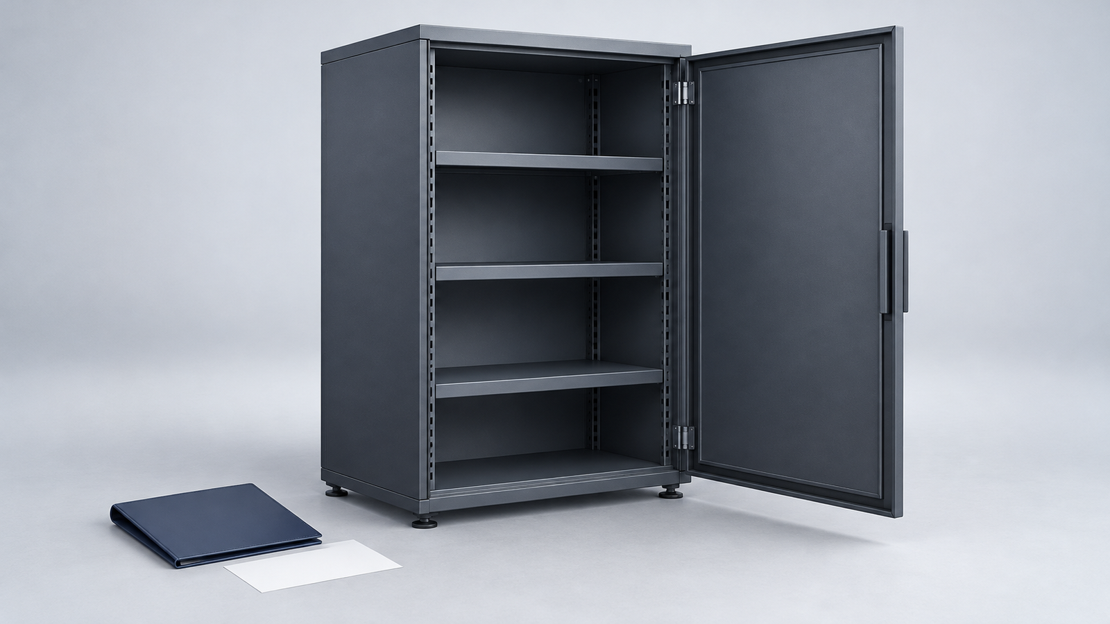 Conceptual illustration of an empty storage cabinet with its door open, beside a document folder and blank card.