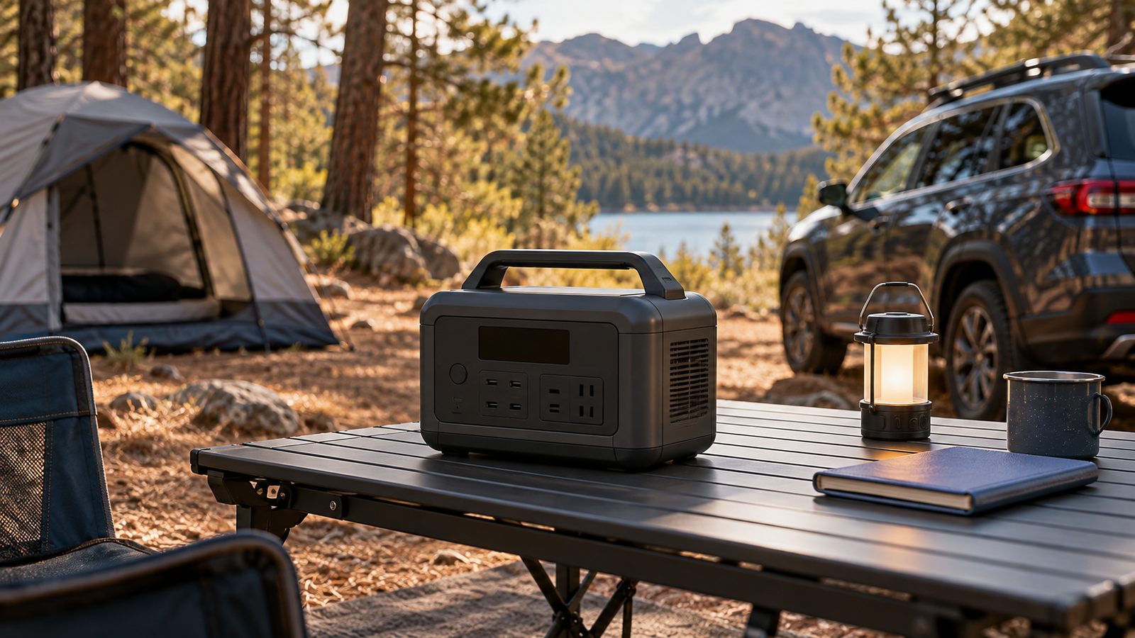 Illustration of an unbranded portable power station on a camp table, with a tent and parked vehicle in the background