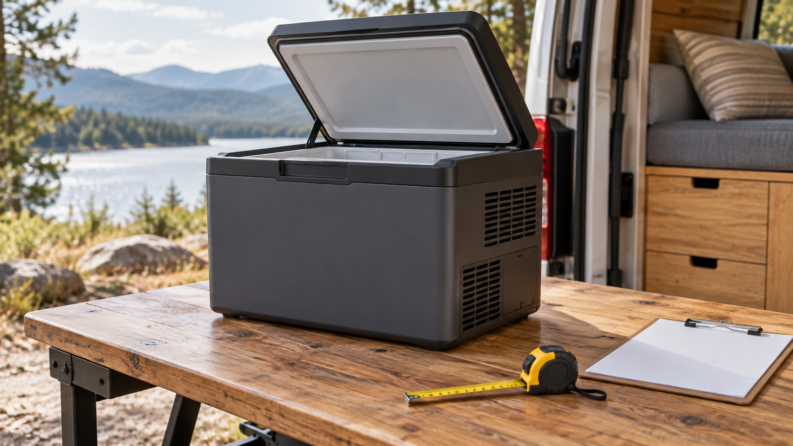 Compact portable fridge beside a measuring tape and blank checklist near a camper van.