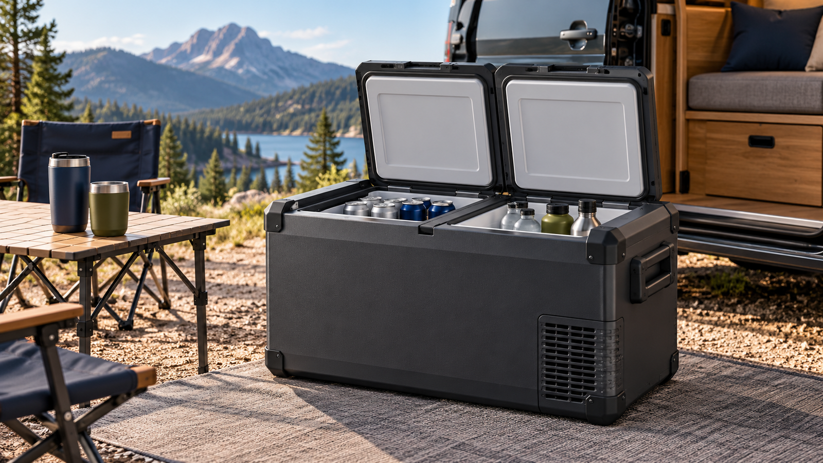 Illustrative unbranded dual-compartment portable fridge at a campsite beside a camper van.