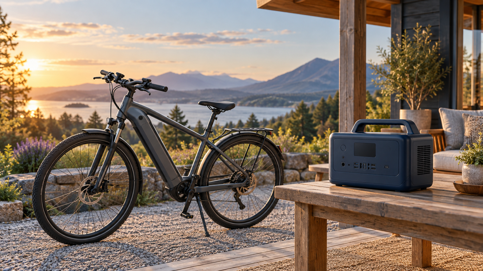 Conceptual illustration of an electric bicycle parked beside a sheltered porch with a portable power station on a table.