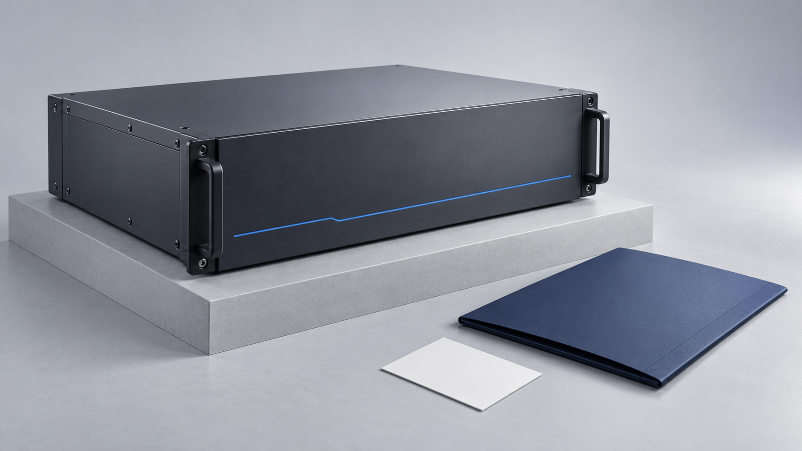 Conceptual illustration of a disconnected rack-format battery enclosure beside a document folder and blank warranty card.