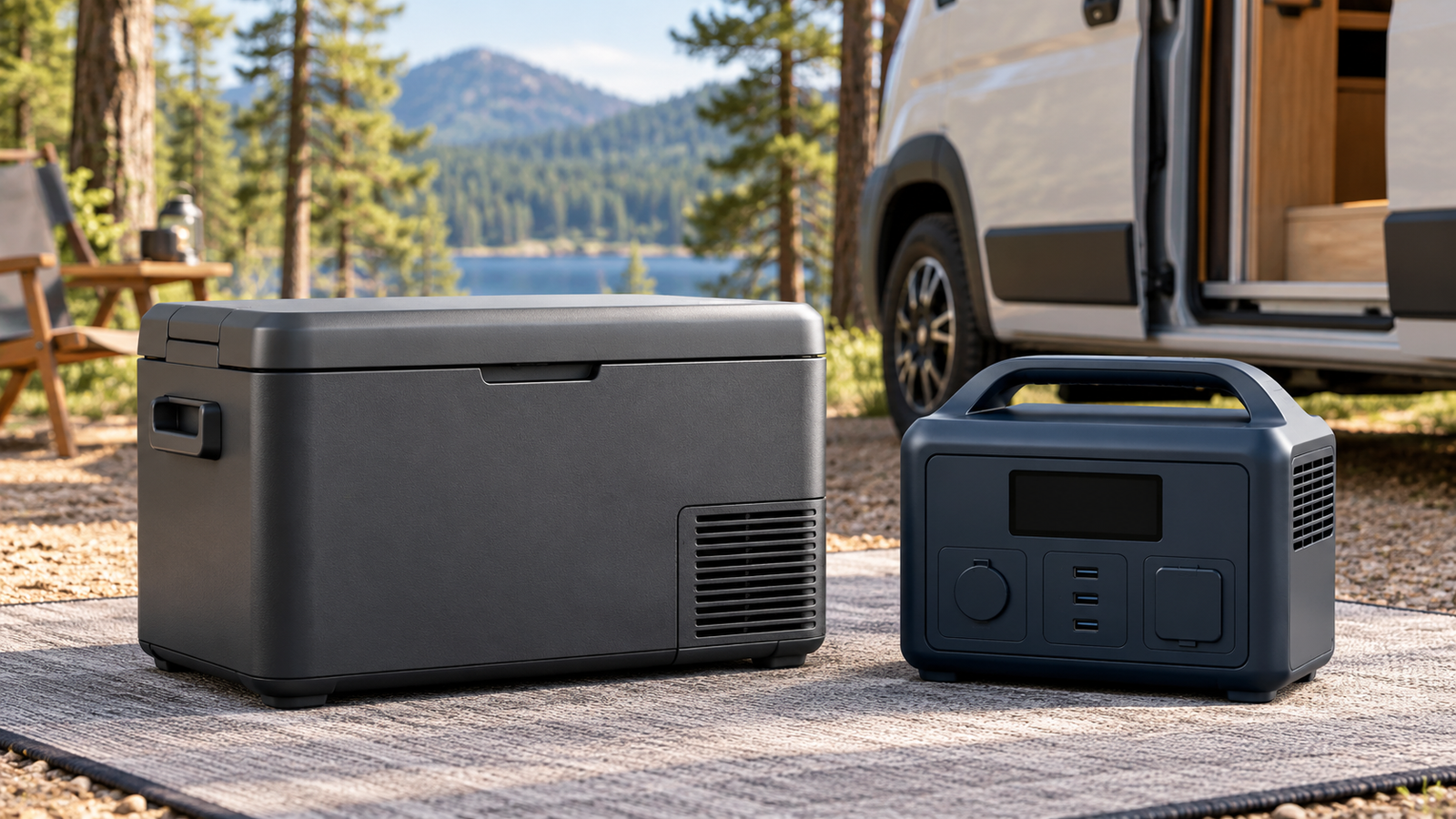Conceptual illustration of an unbranded portable fridge and a separate portable power station beside a camper van.