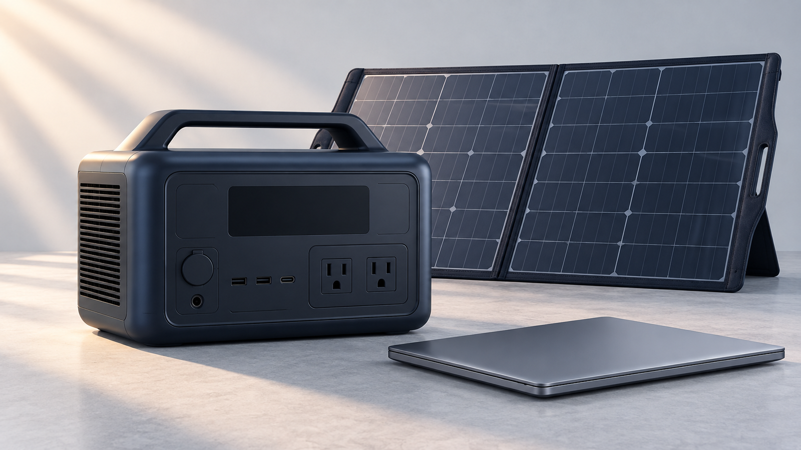 Concept illustration of an unbranded portable power station, folding solar panel, and laptop