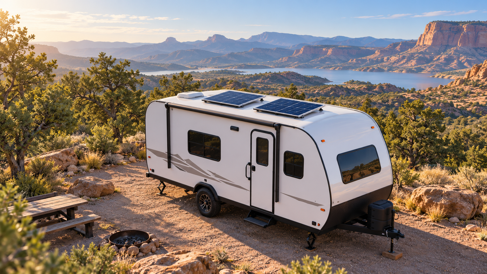 Concept illustration of a travel trailer with two rooftop solar panels at a desert campsite.