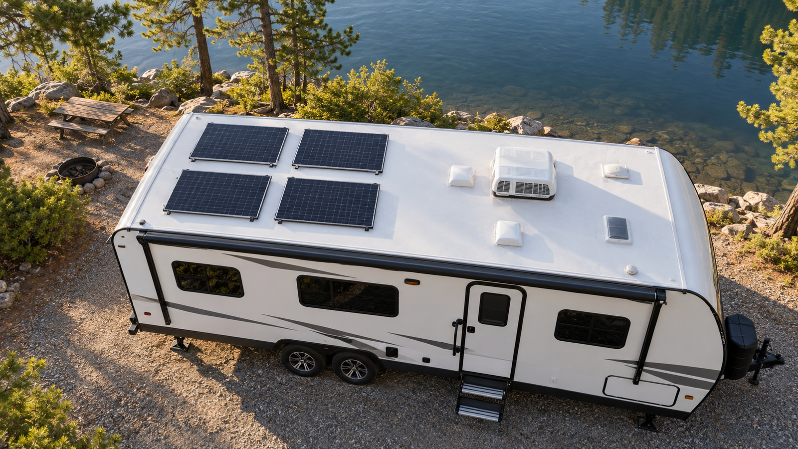Illustrative aerial view of a travel trailer with four solar panels on its roof at a lakeside campground