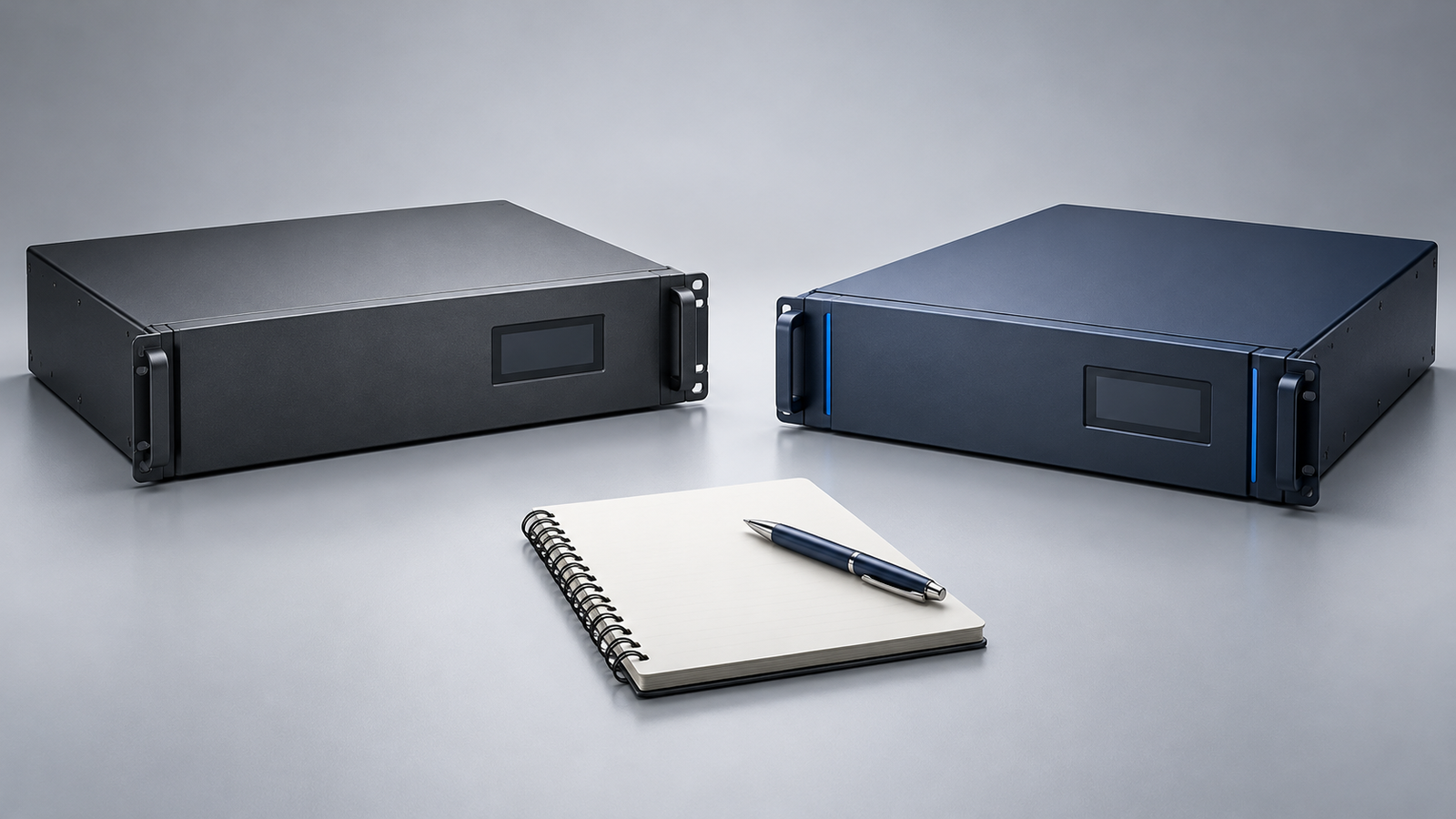 Conceptual illustration of two separate rack-format battery enclosures beside a blank comparison notebook and pen.