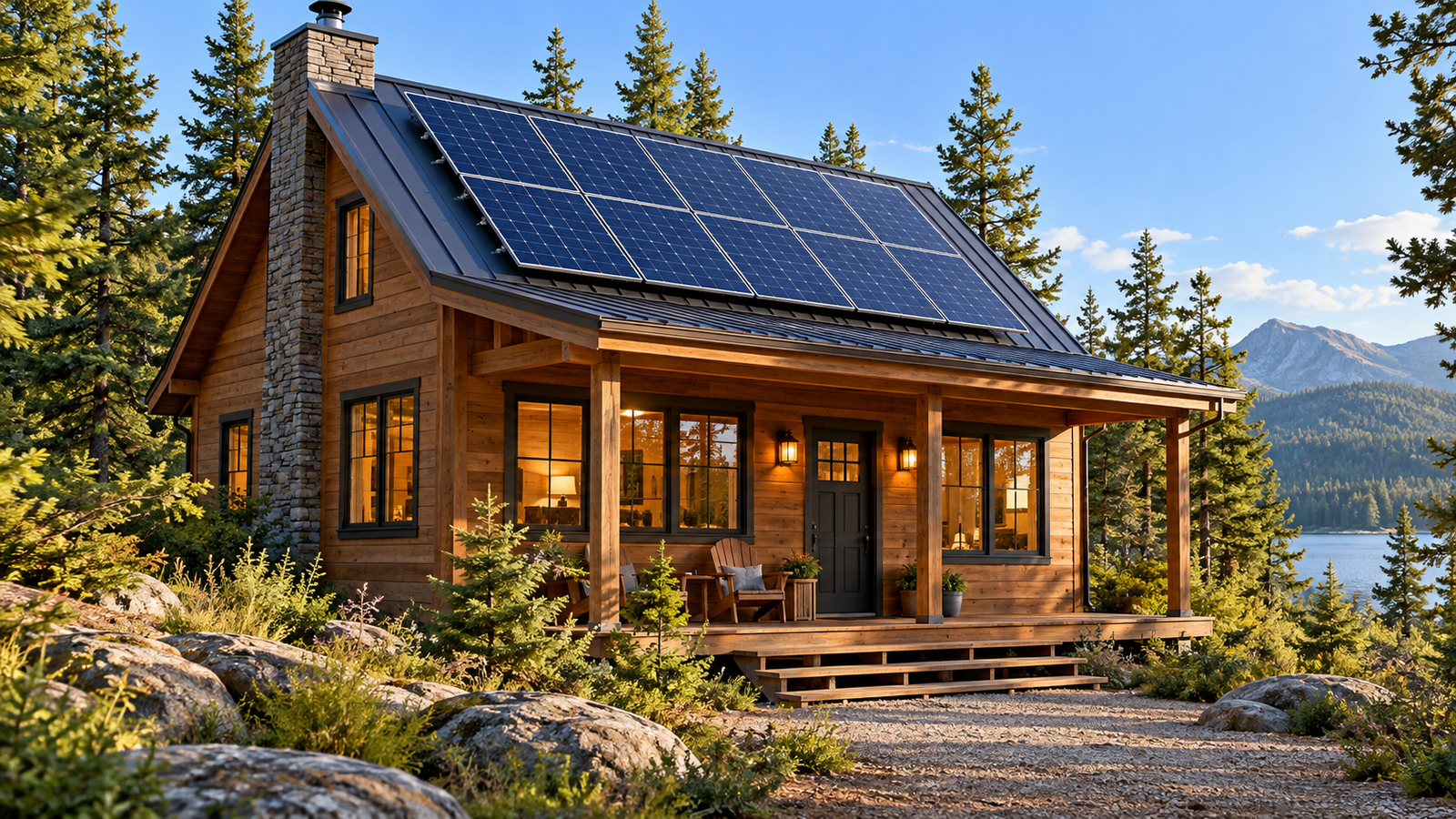 Concept illustration of a wooden cabin with rooftop solar panels.