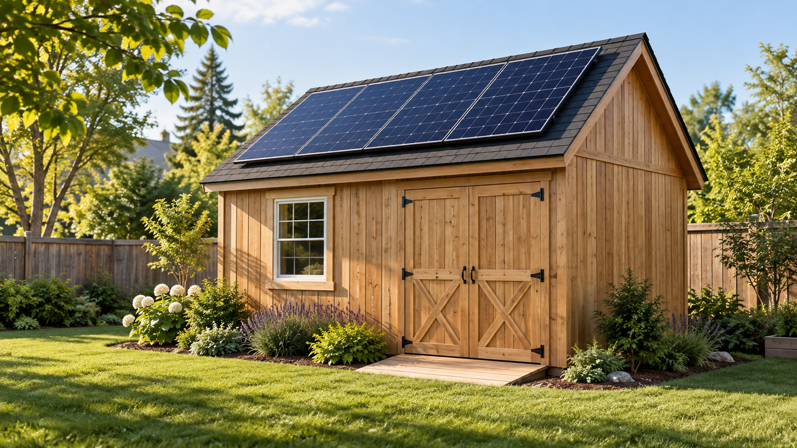 Concept illustration of a backyard shed with solar panels.