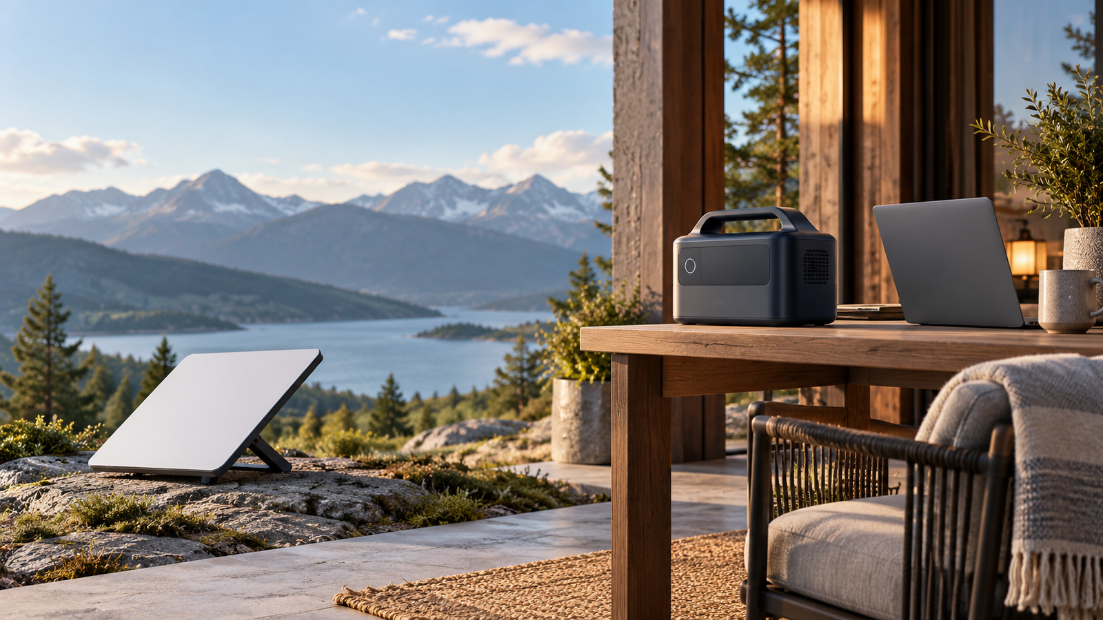 Conceptual illustration of a portable satellite terminal outdoors, with a battery station and laptop on a sheltered porch.